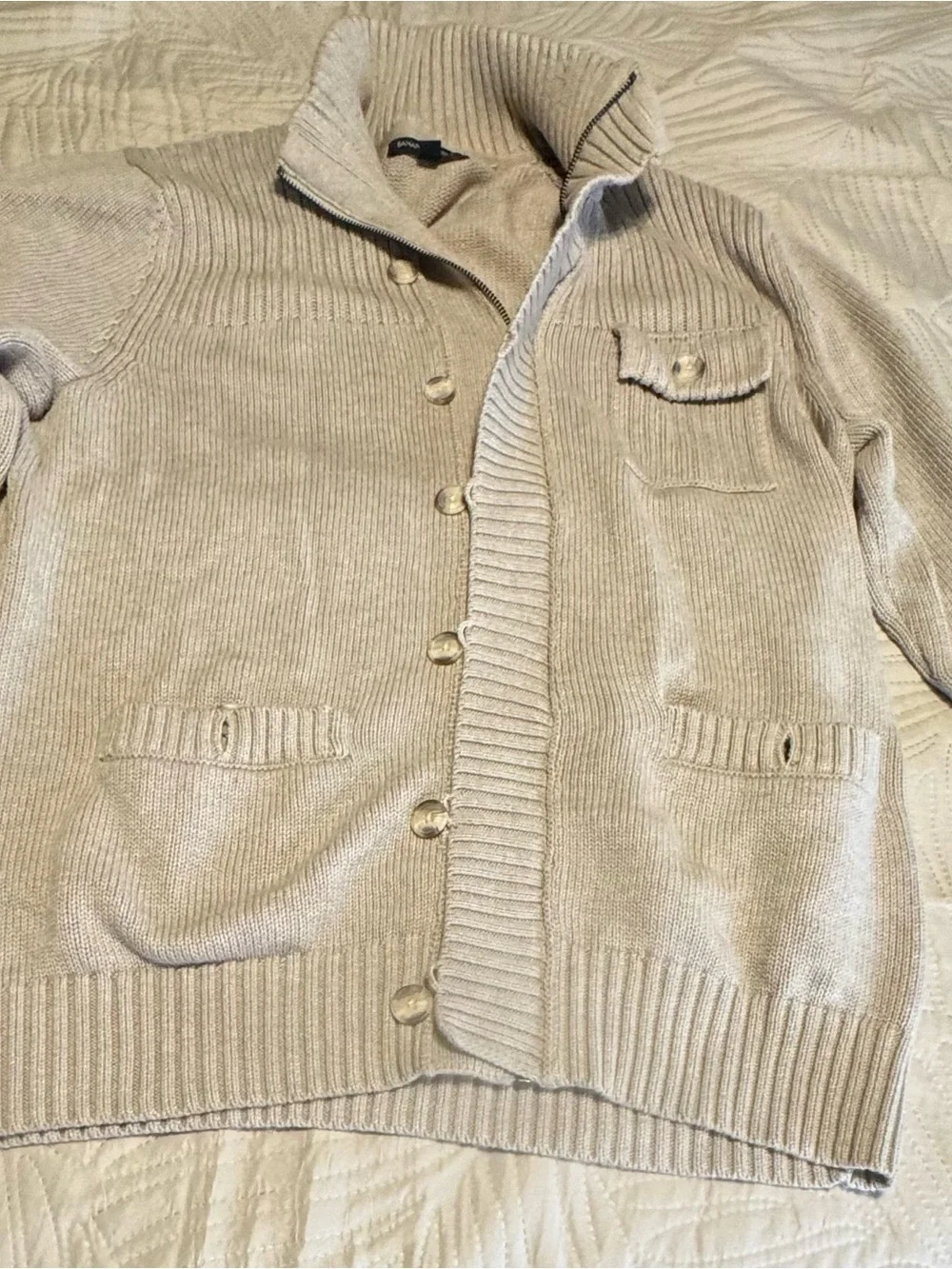 Banana Republic Men’s Cream Ribbed Zip & Button Cardigan Sz L